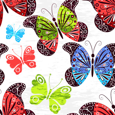 Spring grunge seamless white pattern with vivid colorful butterflies vectorのイラスト素材