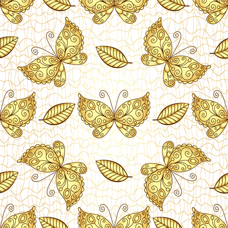 Seamless white pattern with gold butterfliesのイラスト素材