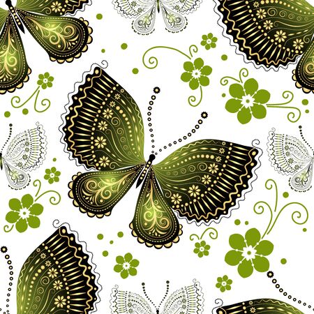 Seamless floral pattern with green and gold gradient butterflies, vectorのイラスト素材