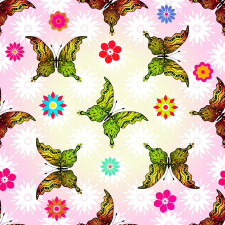Seamless floral pattern with colorful gradient butterflies, vector eps10のイラスト素材