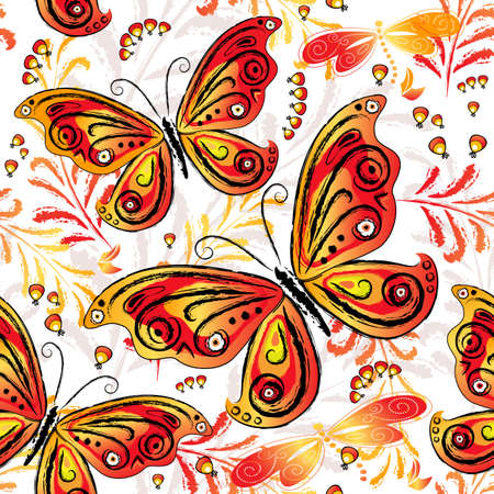 Floral seamless autumn pattern with colorful butterflies and leavesのイラスト素材