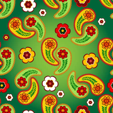 Vivid green seamless floral pattern with paisley and flowersのイラスト素材