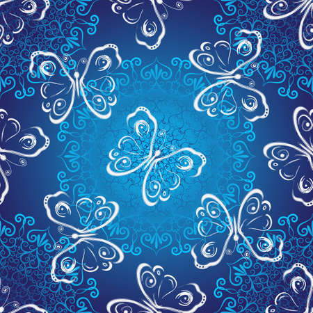 Seamless dark blue christmas  luxurious pattern with vintage lacy snowflakes and butterfliesのイラスト素材