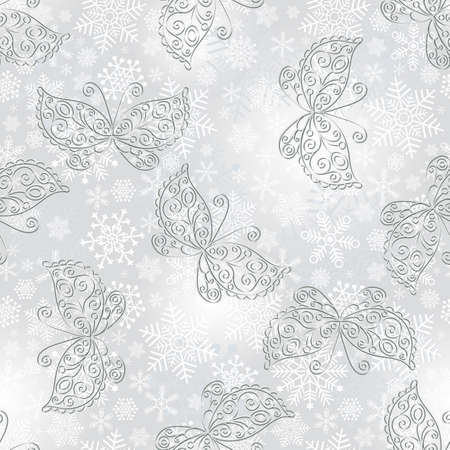 Winter seamless silvery spotty pattern with stylization snowflakes and lacy butterfliesのイラスト素材