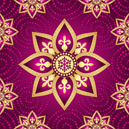 Floral dark purple seamless pattern with vintage golden flowers and dots curlsのイラスト素材