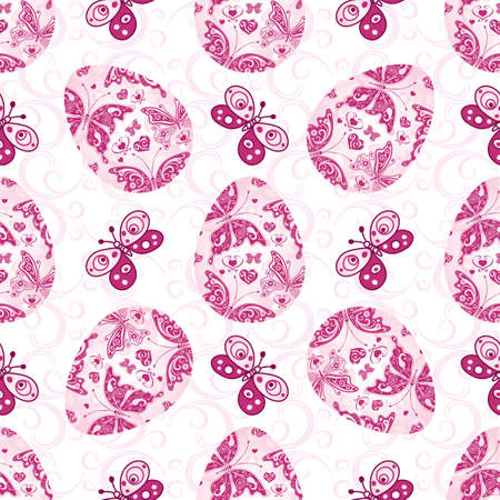 Easter seamless floral pattern with painted pink eggs and butterfliesのイラスト素材