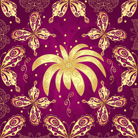 Floral purple seamless pattern with vintage golden flowers and butterfliesのイラスト素材