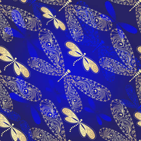 Dark blue gradient seamless pattern with floral lacy and golden dragonfliesのイラスト素材