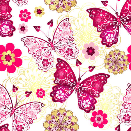 Seamless pattern with vintage butterflies and gold-purple flowersのイラスト素材