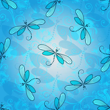 Spring seamless pattern with blue and translucent dragonfliesのイラスト素材