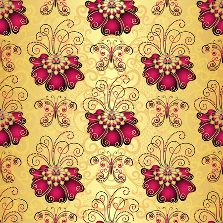 Vintage golden seamless pattern with gradient purple flowers and lacy butterfliesのイラスト素材