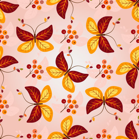 Gradient autumn seamless pattern with vivid colorful butterflies and berriesのイラスト素材