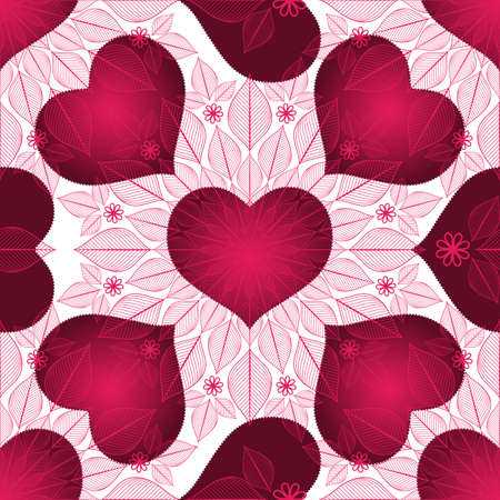 Valentine vintage seamless pattern with gradient purple hearts and lacy flowersのイラスト素材