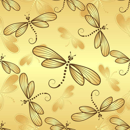 Seamless pattern with gold gradient dragonflies on a gold background, vectorのイラスト素材