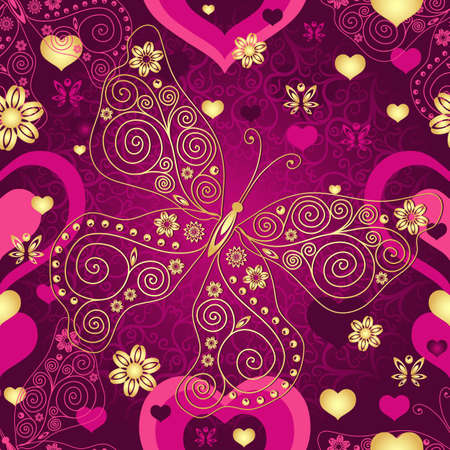 Valentine seamless purple pattern with gold lace butterfly and hearts (vector)のイラスト素材
