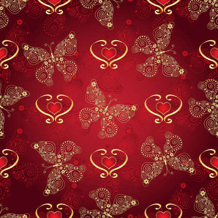 Valentine seamless dark red pattern with gold and gradient butterflies and hearts (vector)のイラスト素材