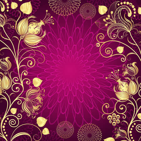 Purple vintage frame with gold gradient flowers, vector illustrationのイラスト素材