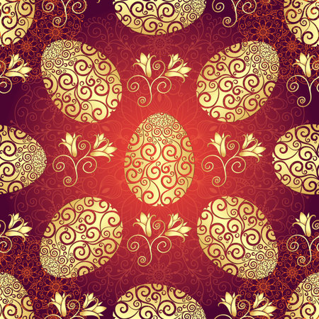 Bright red pattern with Easter golden eggs and flowers, vector illustrationのイラスト素材