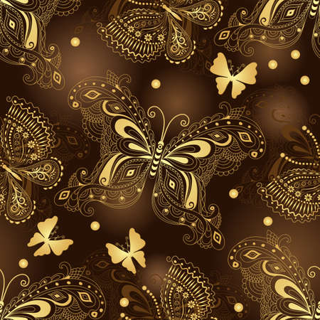 Seamless dark brown pattern with gold butterflies and glowing spots, vectorのイラスト素材