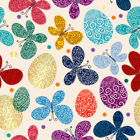 Easter vivid seamless pattern with painted colorful lacy eggs and butterflies, vectorのイラスト素材