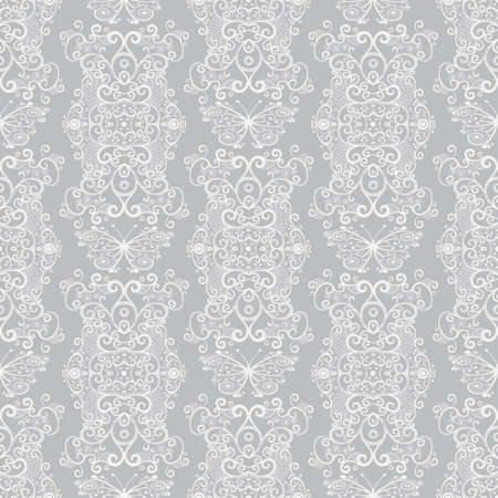 Seamless pastel gray-white vintage pattern with lacy butterflies, vectorのイラスト素材
