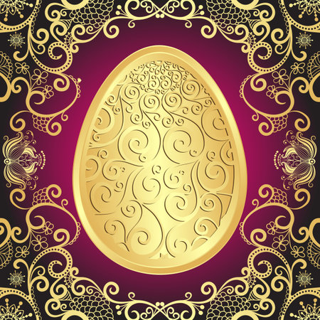 Easter greeting card with golden lacy big egg, vectorのイラスト素材