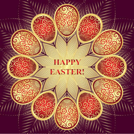 Greeting Card Happy Easter with golden and red gradient eggs over dark background, vectorのイラスト素材