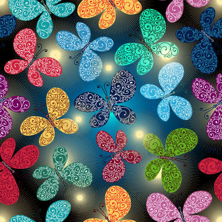 Spotty seamless gradient pattern with colorful butterflies, vector illustrationのイラスト素材