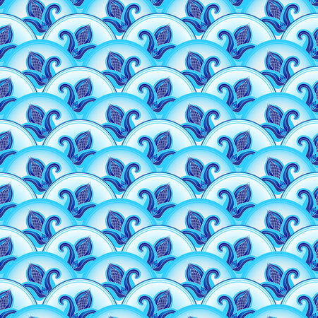 Seamless pattern with blue vintage flowers on bright circles, vector