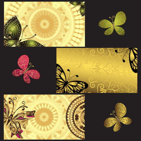 Set of golden business cards with colorful openwork butterflies on black, vectorのイラスト素材