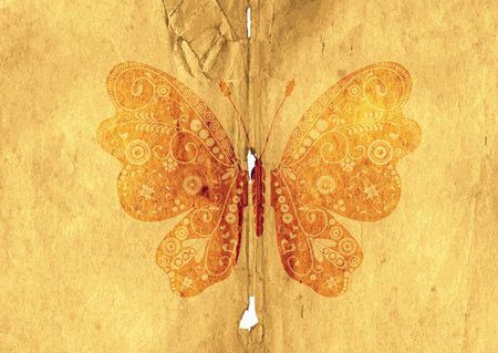 Tattered old paper page with vintage erfly (vector 10)のイラスト素材