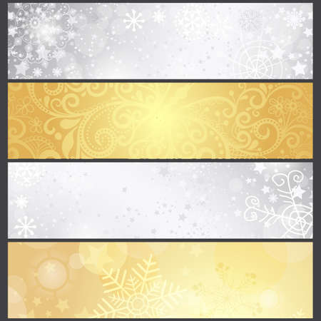 Set shiny silvery and golden gradient winter banners with snowflakes, vector eps10のイラスト素材