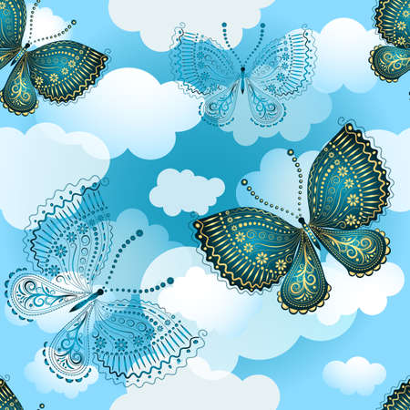 Seamless spring pattern with butterflies and translucent clouds in the sky, vector eps10のイラスト素材