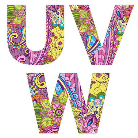 Three letters English alphabet with vintage pattern, vectorのイラスト素材