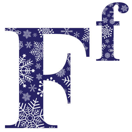 Uppercase and lowercase letters of the English alphabet F with winter pattern carved snowflakes, vectorのイラスト素材