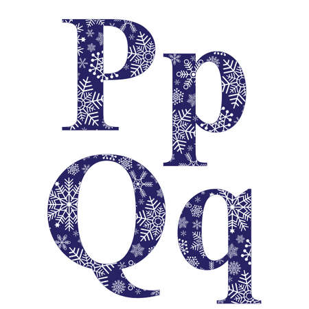 Uppercase and lowercase letters P and Q of the English alphabet with winter pattern carved snowflakes, vectorのイラスト素材