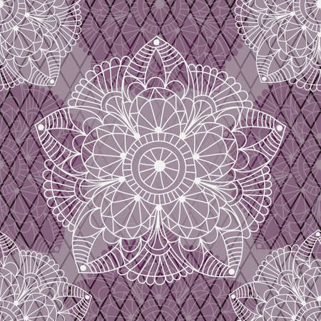 Seamless pattern with white and translucent purple vintage figures on the lilac rhombuses, vector eps10のイラスト素材