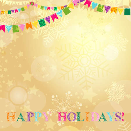 Golden Christmas card with translucent snowflakes and stars and with colorful flags and the words Happy Holidays!, vector eps10のイラスト素材
