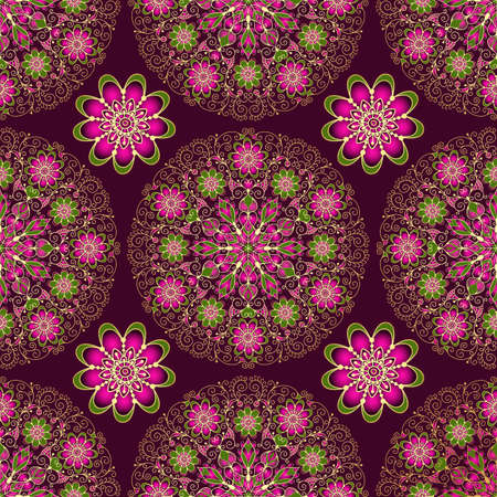 Vintage seamless dark purple pattern with lace circles and flowers, vectorのイラスト素材