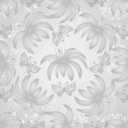 Vintage seamless pattern with gradient silvery flowers and lace butterflies, vector eps10のイラスト素材