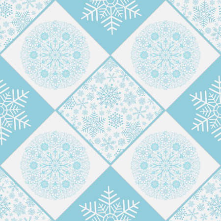 Checkered seamless pattern with white and blue snowflakes, vectorのイラスト素材
