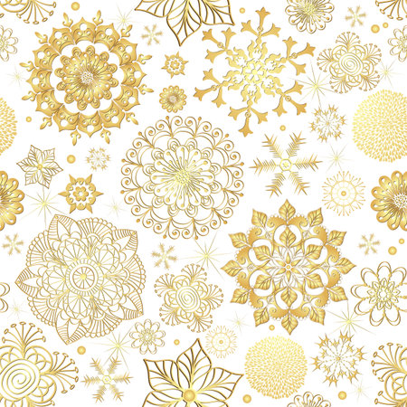 Winter seamless pattern with gold glowing snowflakes and stars, without background, vectorのイラスト素材