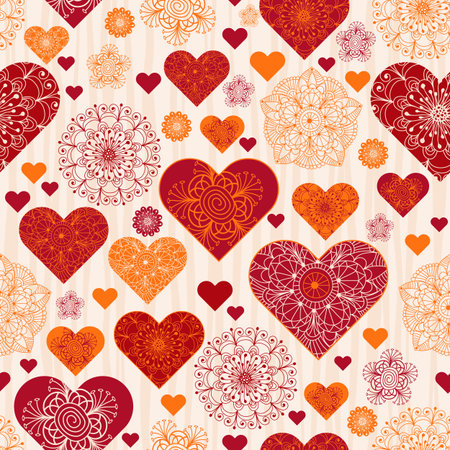Valentine pattern with red and orange vintage hearts and wave strips, vector