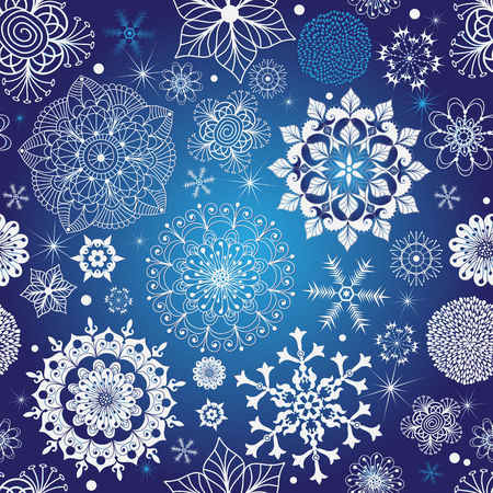Winter dark blue seamless pattern with snowflakes and stars (vector eps 8)のイラスト素材