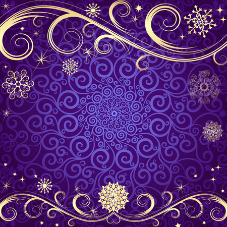 Winter violet Christmas frame with golden snowflakies and stars (vector eps 8)のイラスト素材