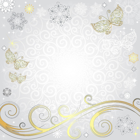 Winter silvery Christmas frame with snowflakes and gold butterflies (vector eps 8)のイラスト素材