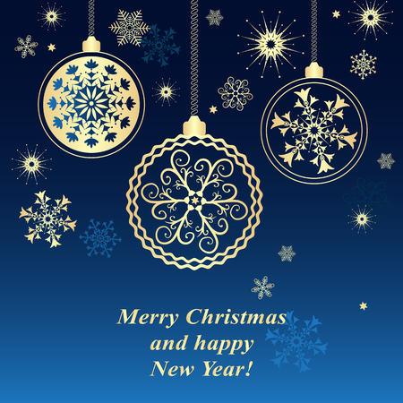 Blue Christmas frame with vintage gold tree ballsのイラスト素材