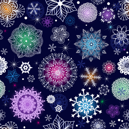 Winter seamless christmas dark blue pattern with gradient colorful snowflakesのイラスト素材