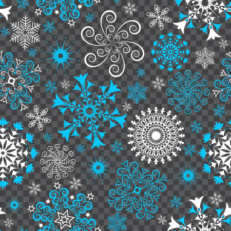 Abstract Christmas seamless pattern with white and blue snowflakes and stars on a transparent backgroundのイラスト素材