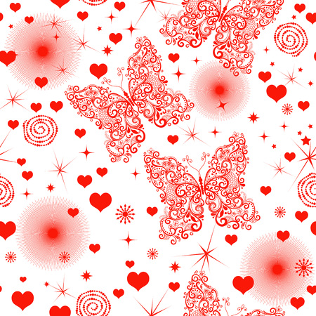 Monochrome bright red seamless valentine pattern on transparent background with hearts and butterflies, vector eps 8のイラスト素材